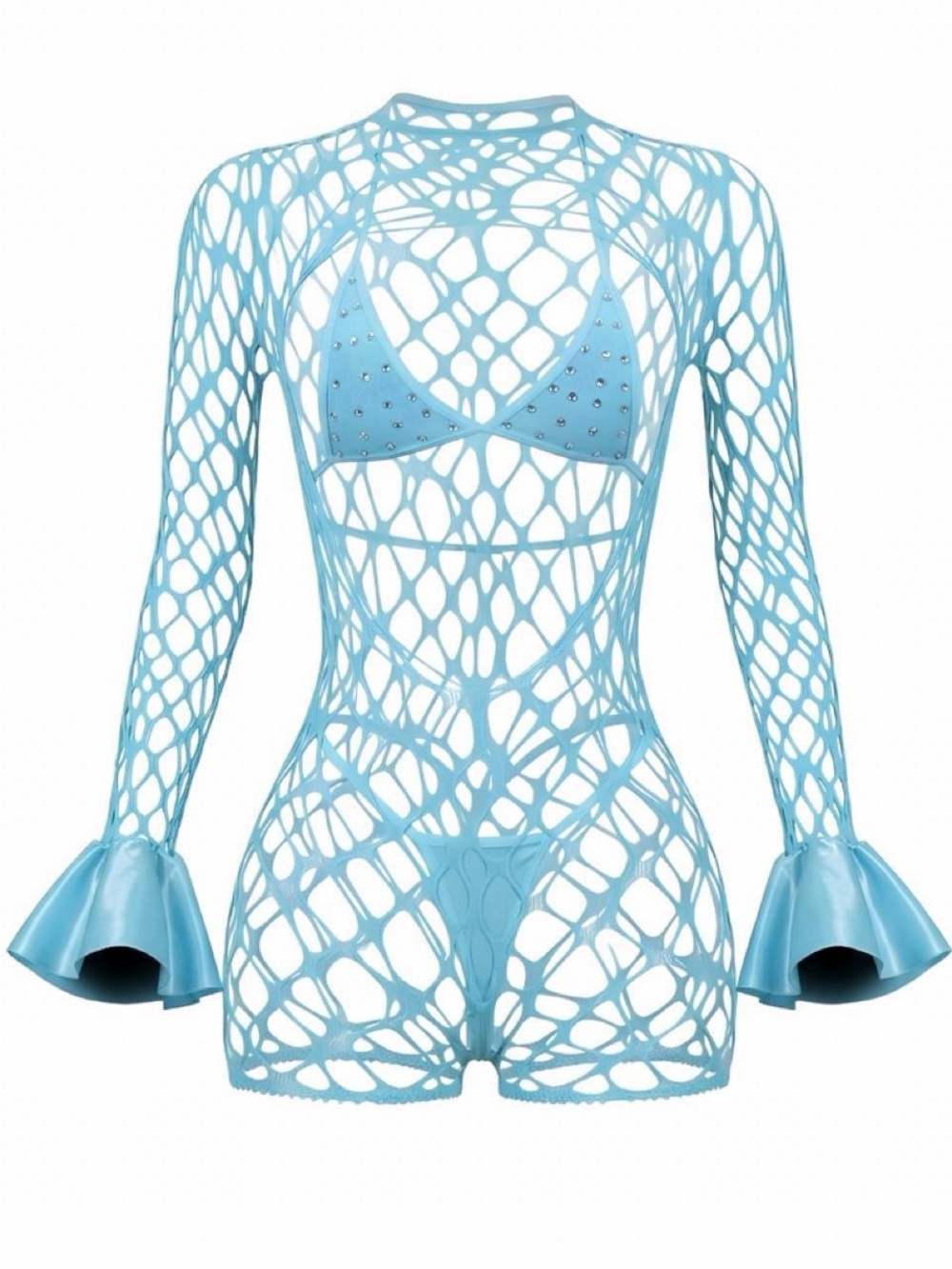 Blue Rhinestone Fishnet Bell-Sleeve Romper Set